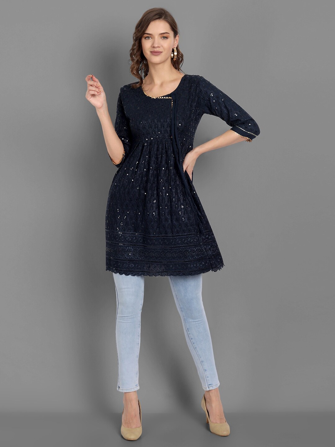 

TORONFRAS Navy Blue Floral Embroidered Sequinned Kurti