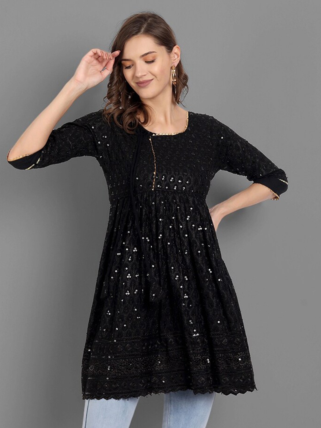 

TORONFRAS Black Floral Embroidered Sequinned Pleated Kurti