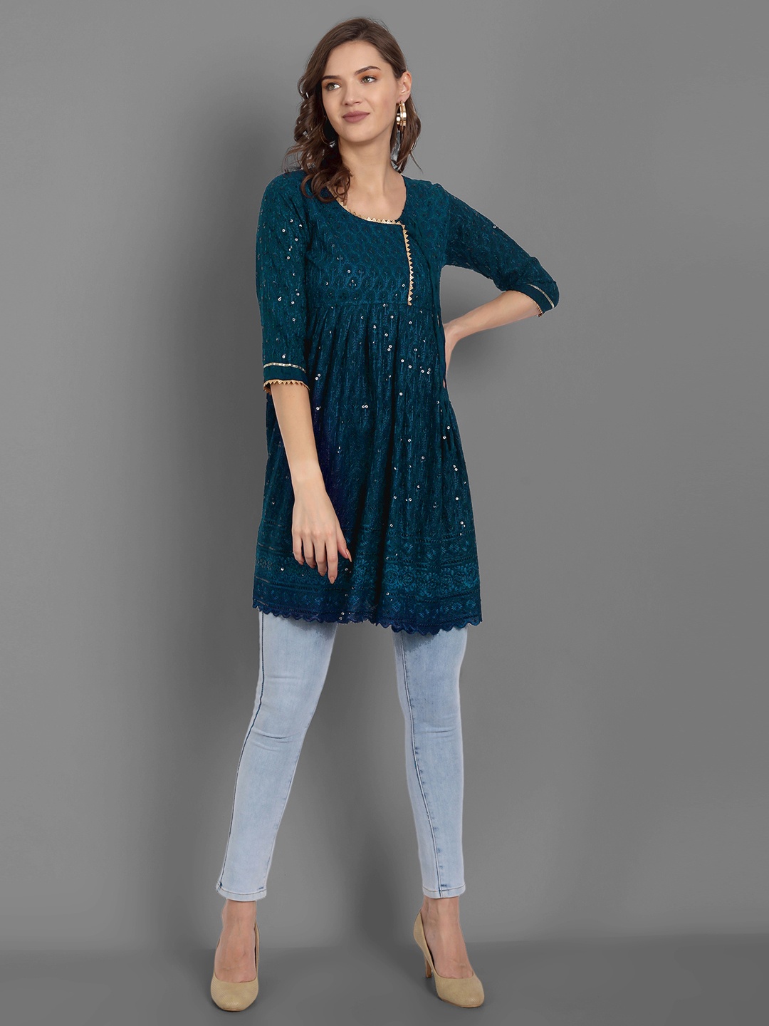 

TORONFRAS Blue Floral Embroidered Sequinned Pleated Kurti