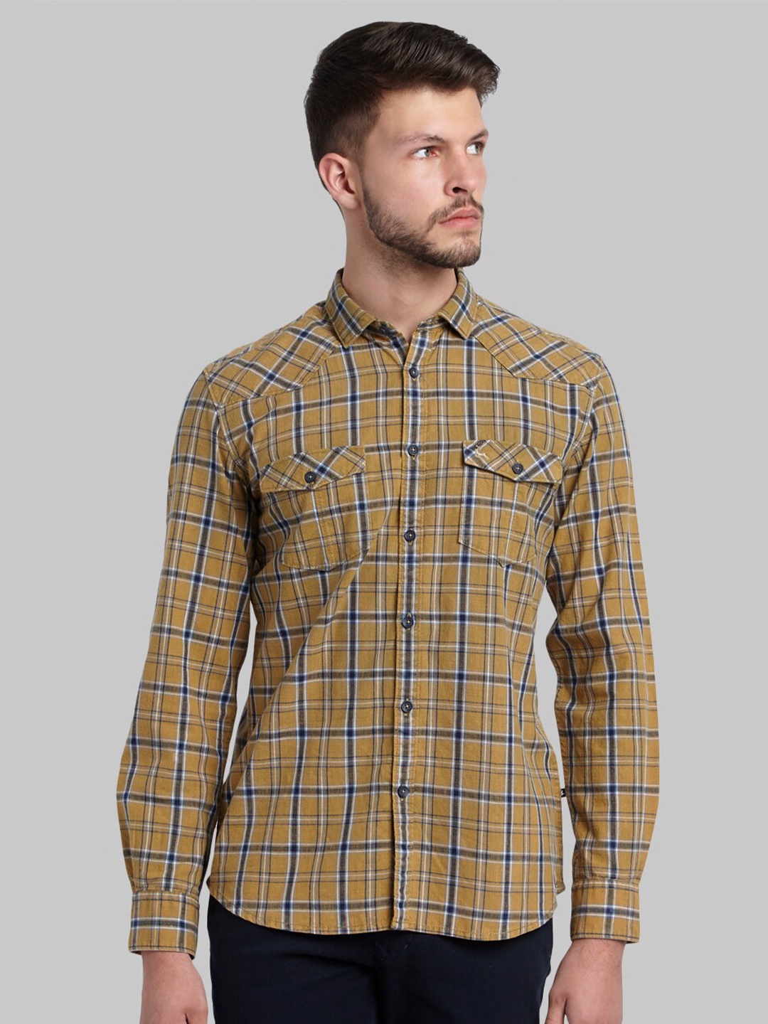 

Parx Men Mustard Slim Fit Checked Cotton Casual Shirt