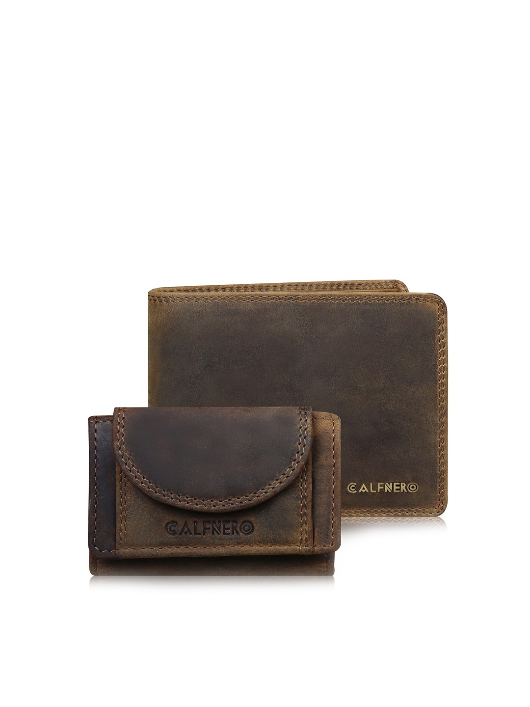 

CALFNERO Men Brown & Black Leather Two Fold Wallet