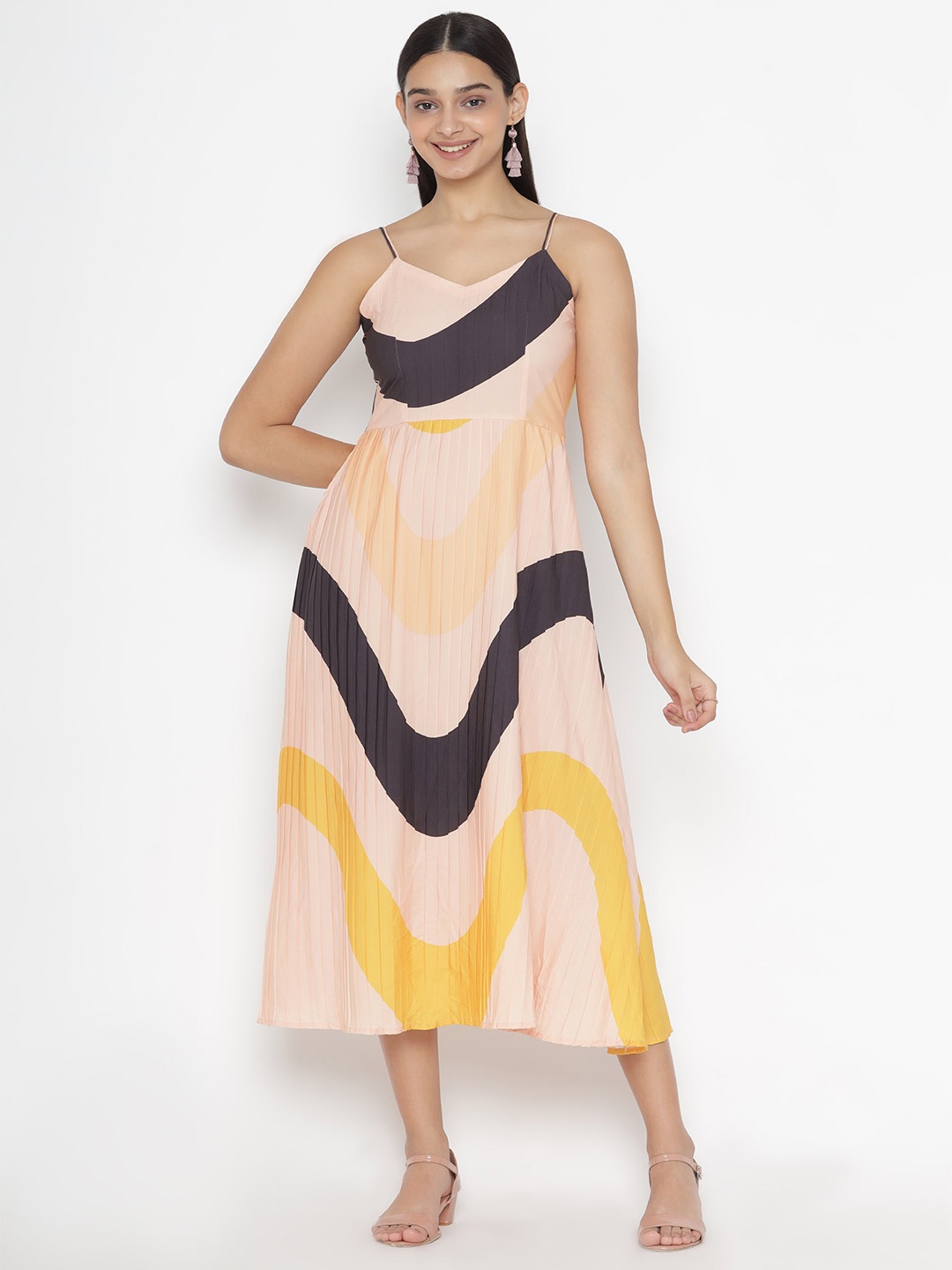 

OCTICS Orange & Black Colourblocked Crepe A-Line Midi Dress