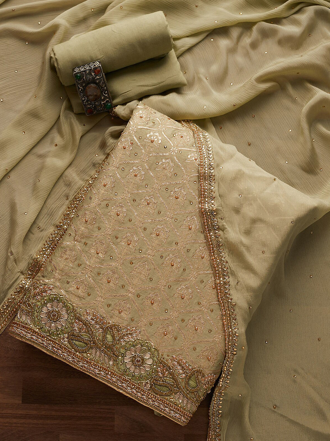 

Koskii Green & Gold-Toned Stonework Chanderi Designer Art Silk Unstitched Dress Material