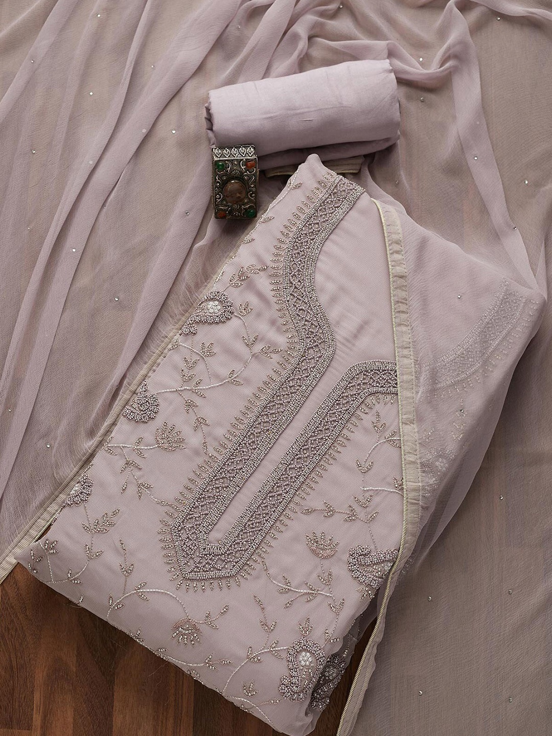 

Koskii Mauve & Silver-Toned Embellished Unstitched Dress Material