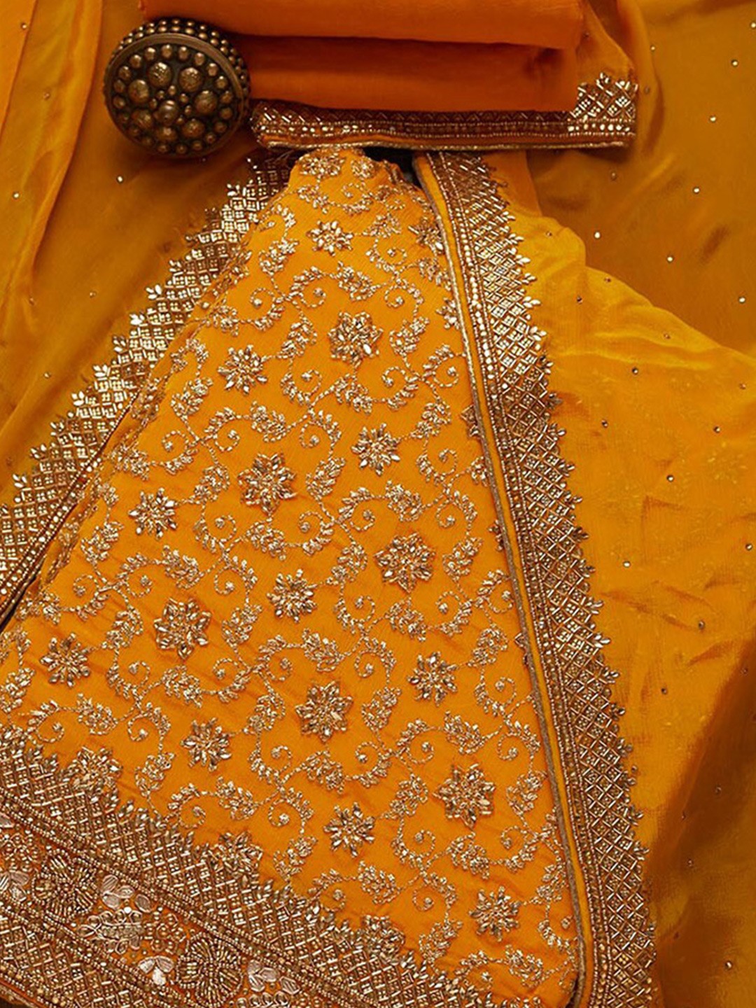 

Koskii Yellow & Gold-Toned Embroidered Unstitched Dress Material