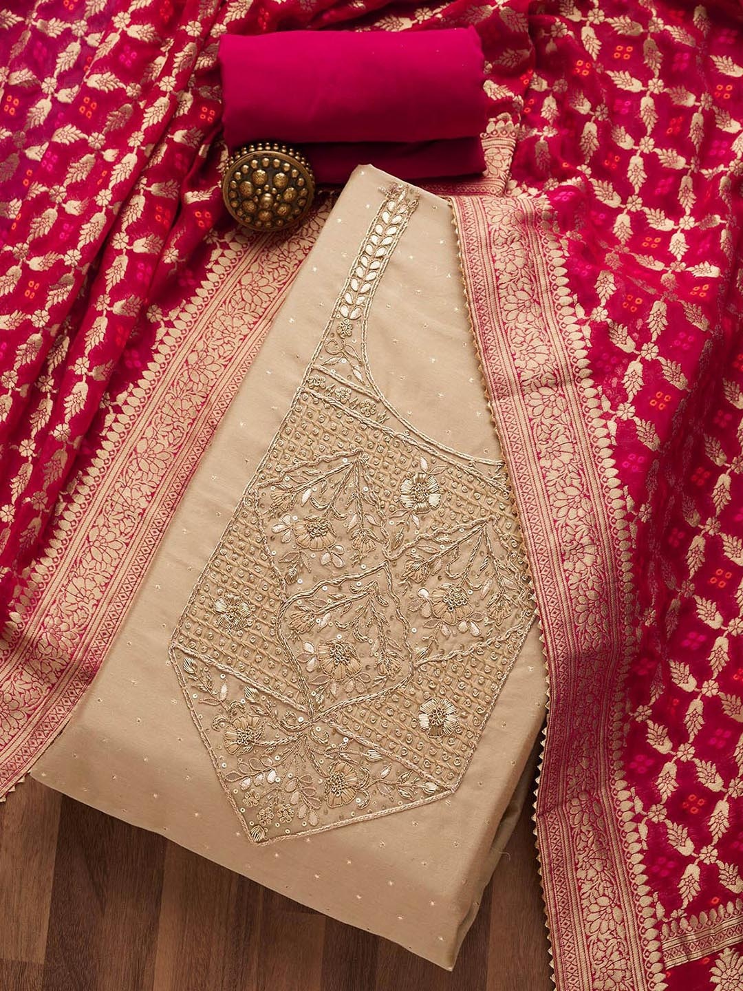 

Koskii Women Beige & Pink Embroidered Unstitched Dress Material