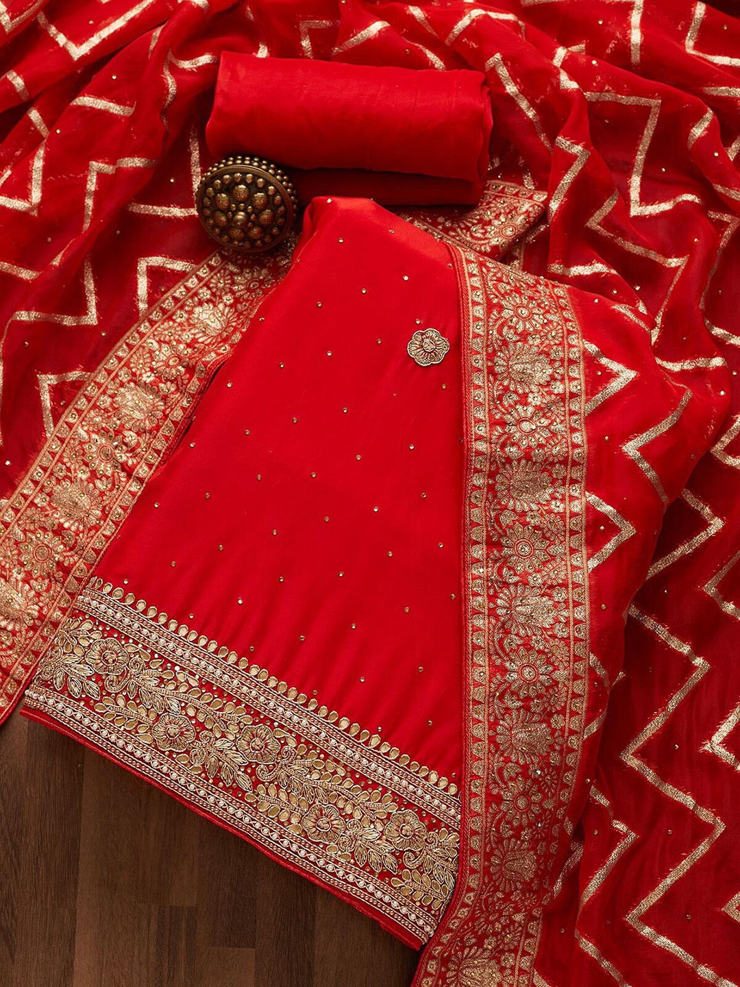

Koskii Red & Gold-Toned Embroidered Unstitched Dress Material