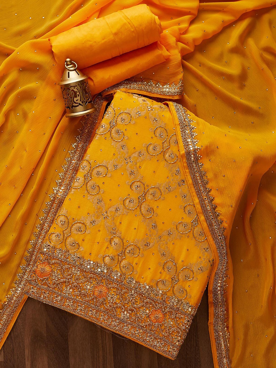 

Koskii Mustard & Gold-Toned Embroidered Unstitched Dress Material