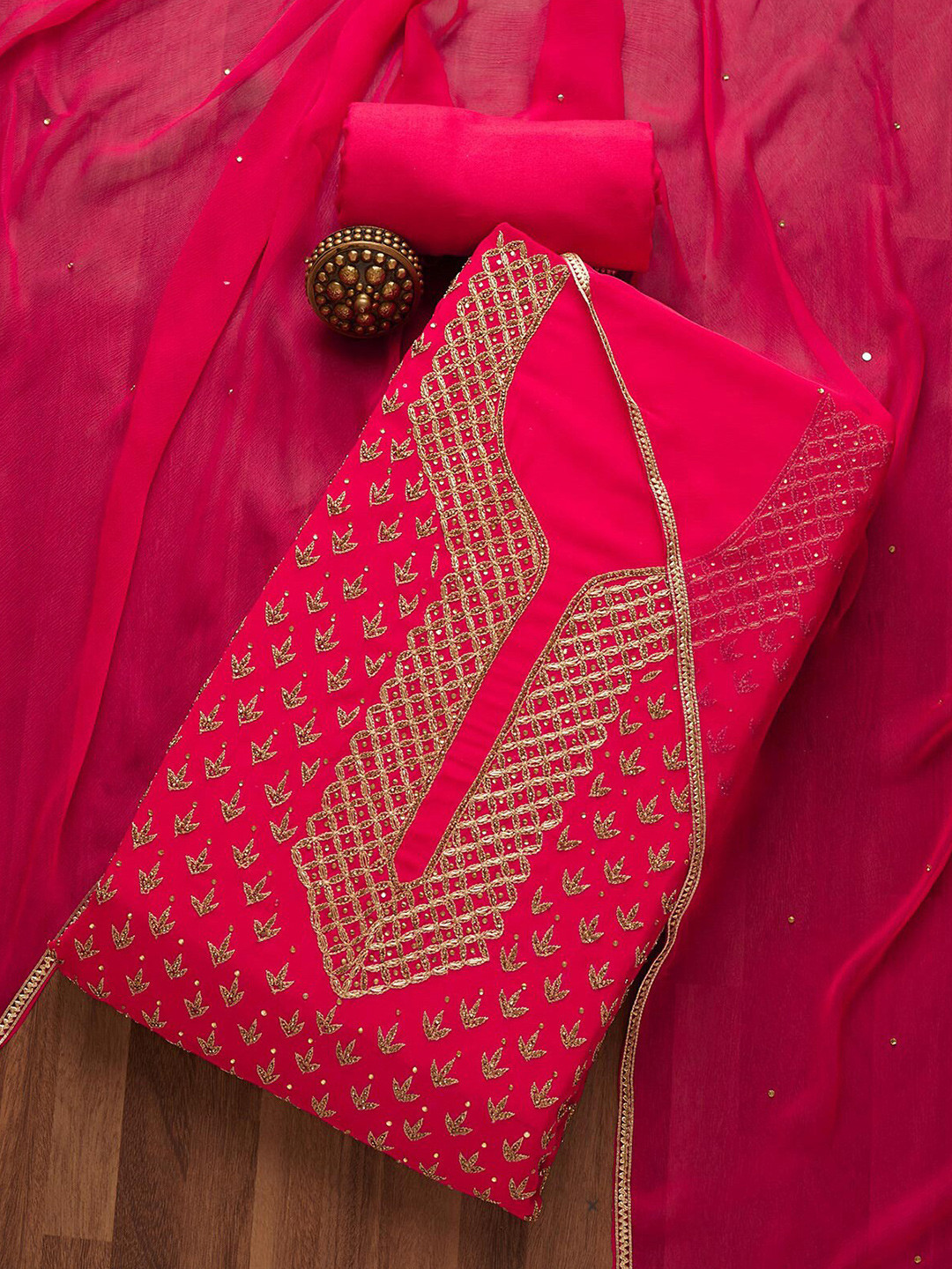 

Koskii Women Pink & Gold-Toned Stonework Embroidered Unstitched Dress Material