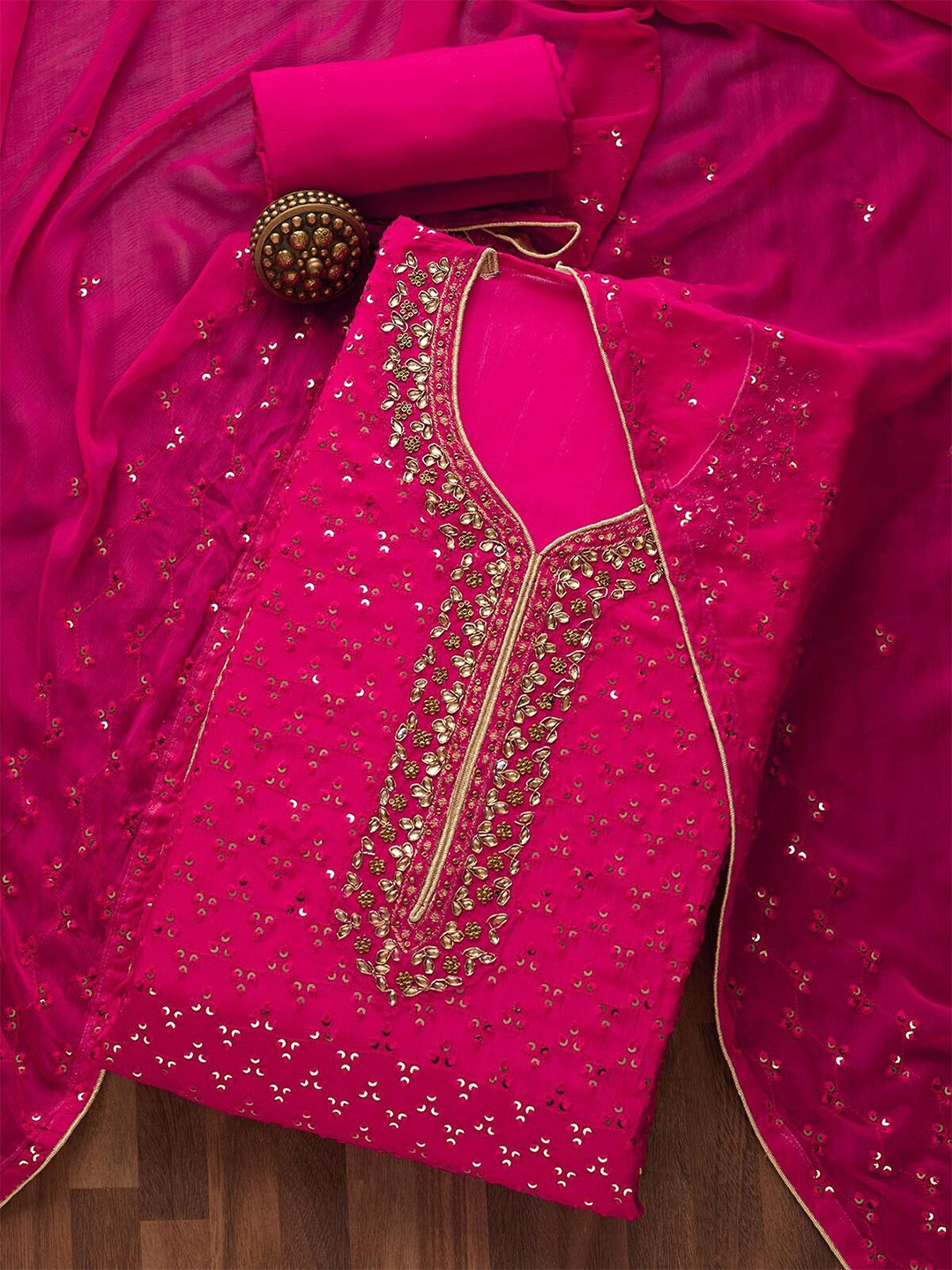 

Koskii Women Pink & Gold-Toned Embroidered Unstitched Dress Material