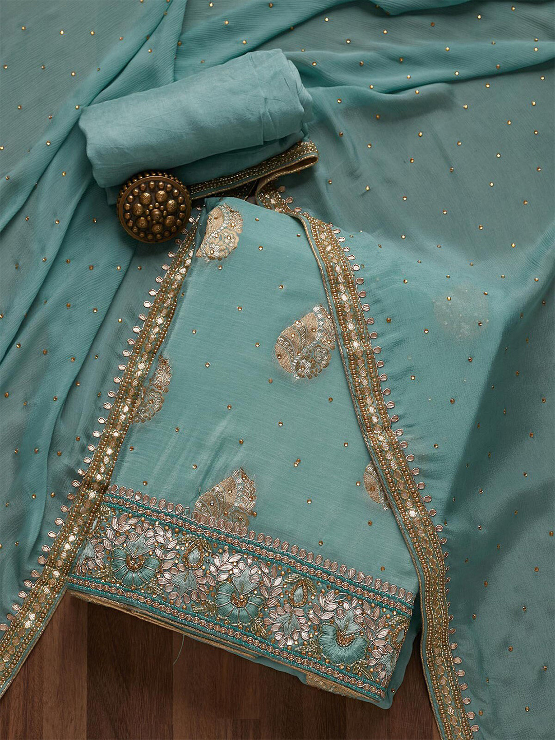 

Koskii Blue & Gold-Toned Embroidered Unstitched Dress Material