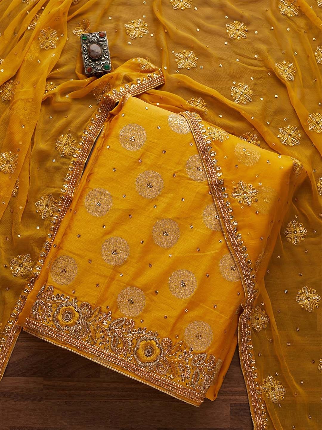 

Koskii Yellow & Gold-Toned Stonework Georgette Unstitched Dress Material