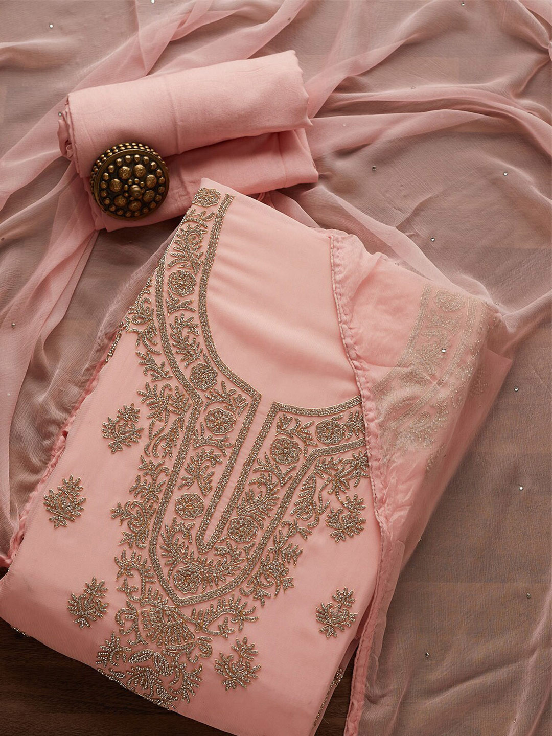 

Koskii Pink & Gold-Toned Embroidered Unstitched Dress Material