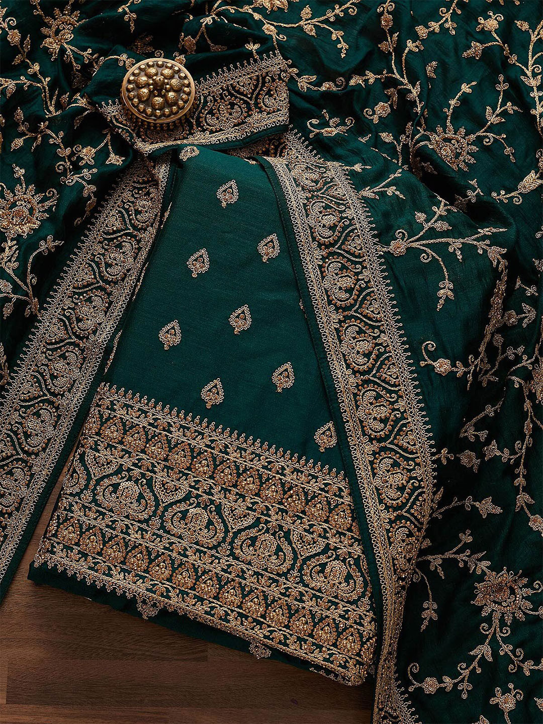 

Koskii Green & Gold-Toned Embroidered Art Silk Unstitched Dress Material