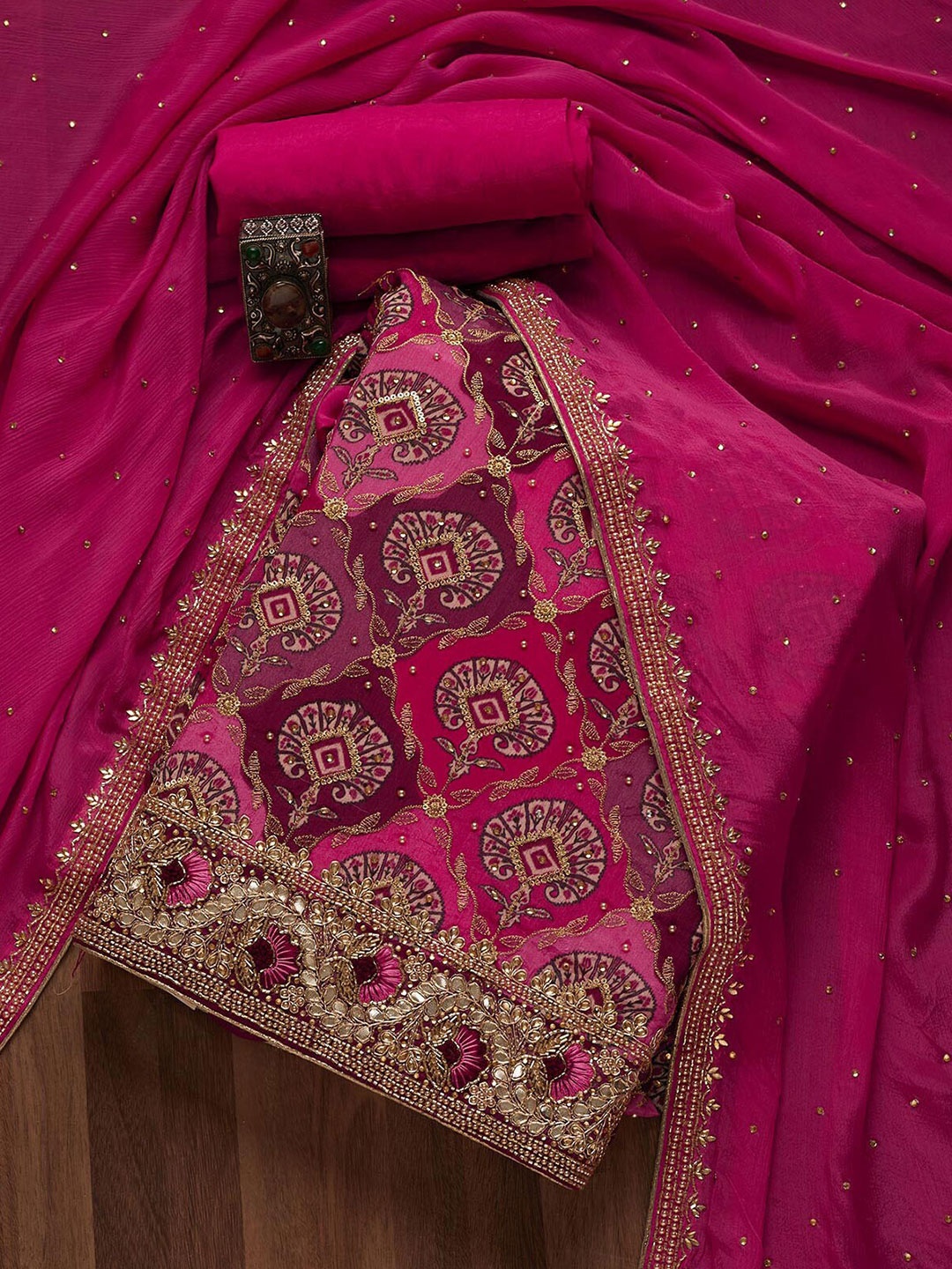 

Koskii Women Pink & Gold-Toned Embroidered Unstitched Dress Material