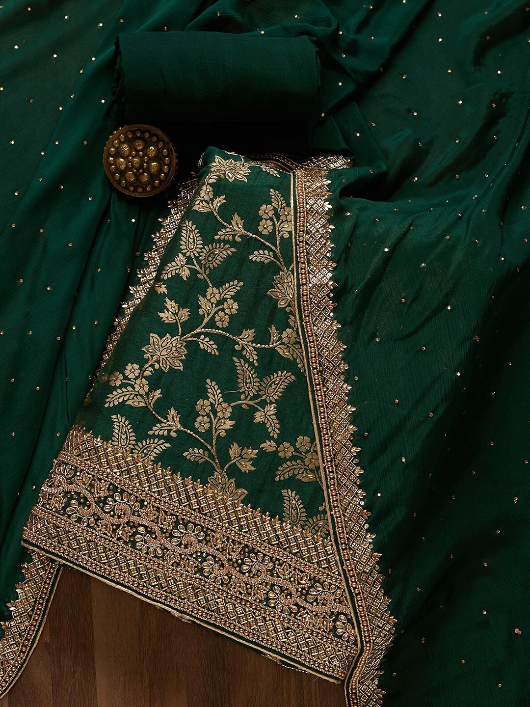 

Koskii Green & Gold-Toned Embroidered Art Silk Unstitched Dress Material