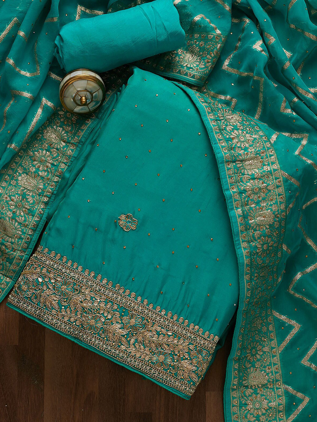 

Koskii Sea Green & Gold-Toned Embroidered Gotta Patti Unstitched Dress Material