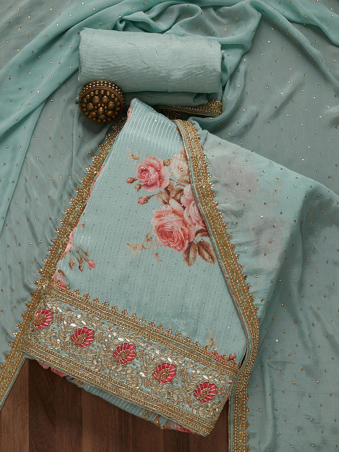 

Koskii Sea Green Embroidered Unstitched Gotta Patti Dress Material