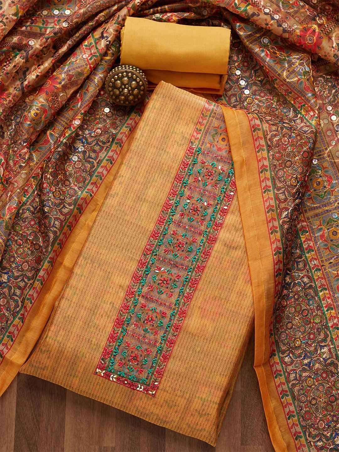 

Koskii Mustard Yellow & Red Embroidered Art Silk Unstitched Dress Material