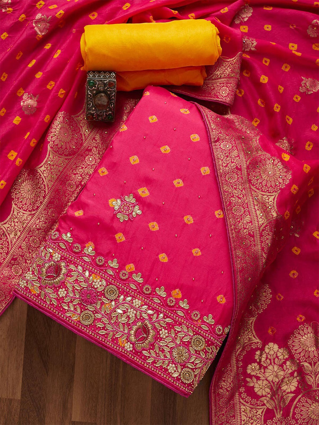 

Koskii Pink & Yellow Embroidered Unstitched Dress Material