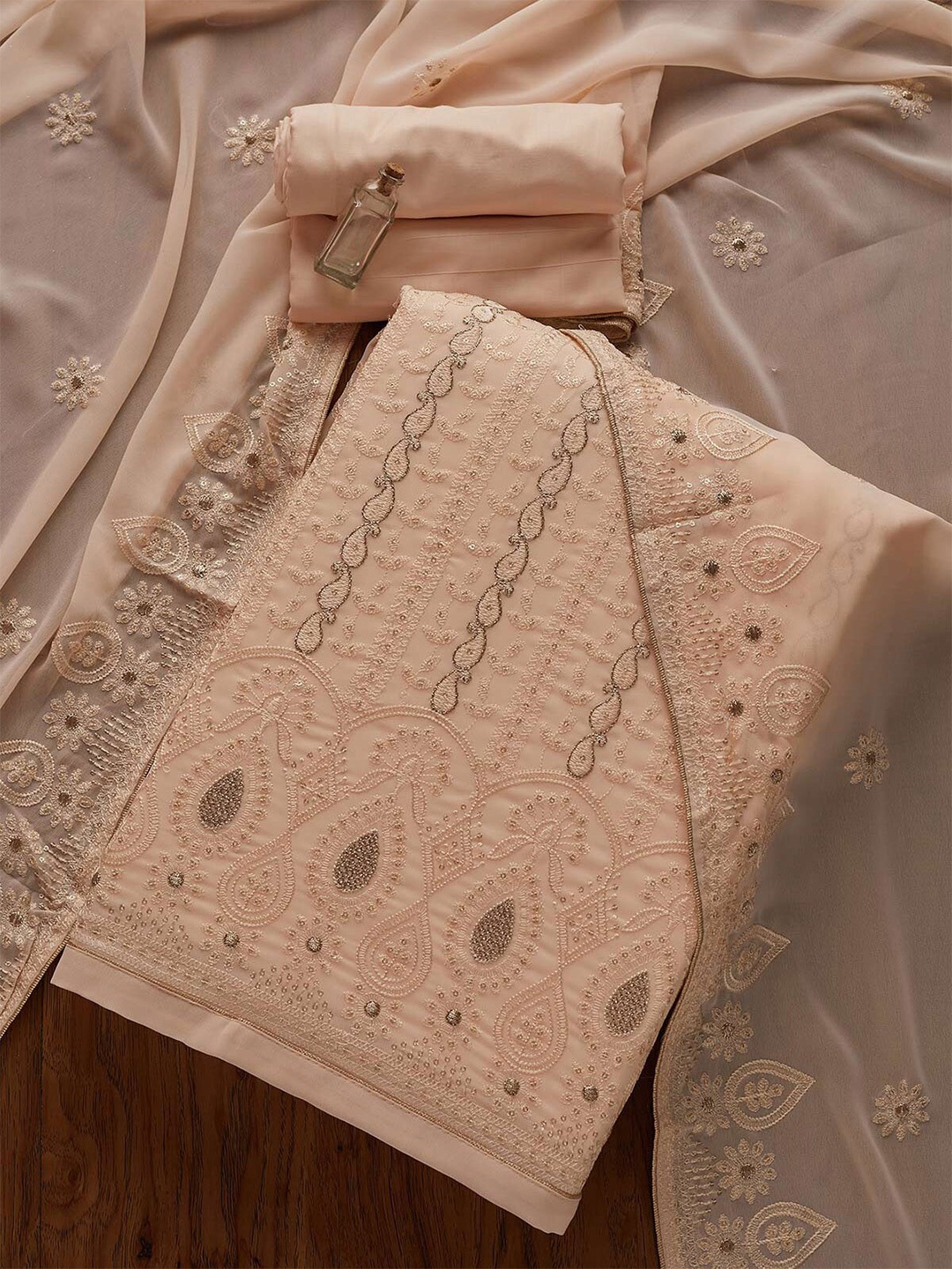 

Koskii Peach-Coloured Embroidered Unstitched Dress Material