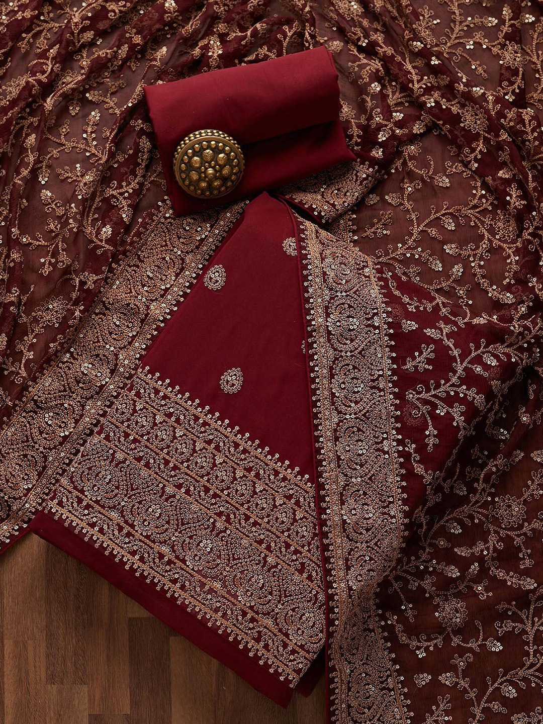

Koskii Maroon & Gold-Toned Embroidered Unstitched Dress Material