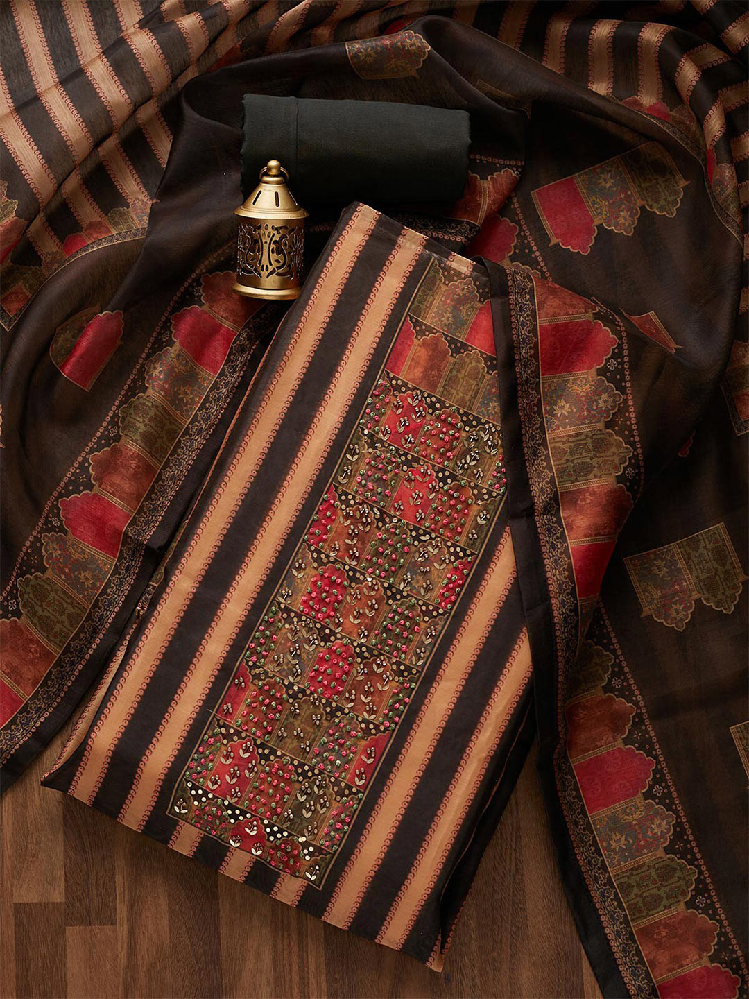 

Koskii Gold-Toned & Red Embroidered Art Silk Unstitched Dress Material