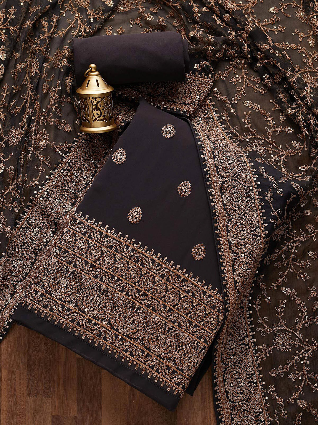 

Koskii Black & Gold-Toned Embroidered Unstitched Dress Material