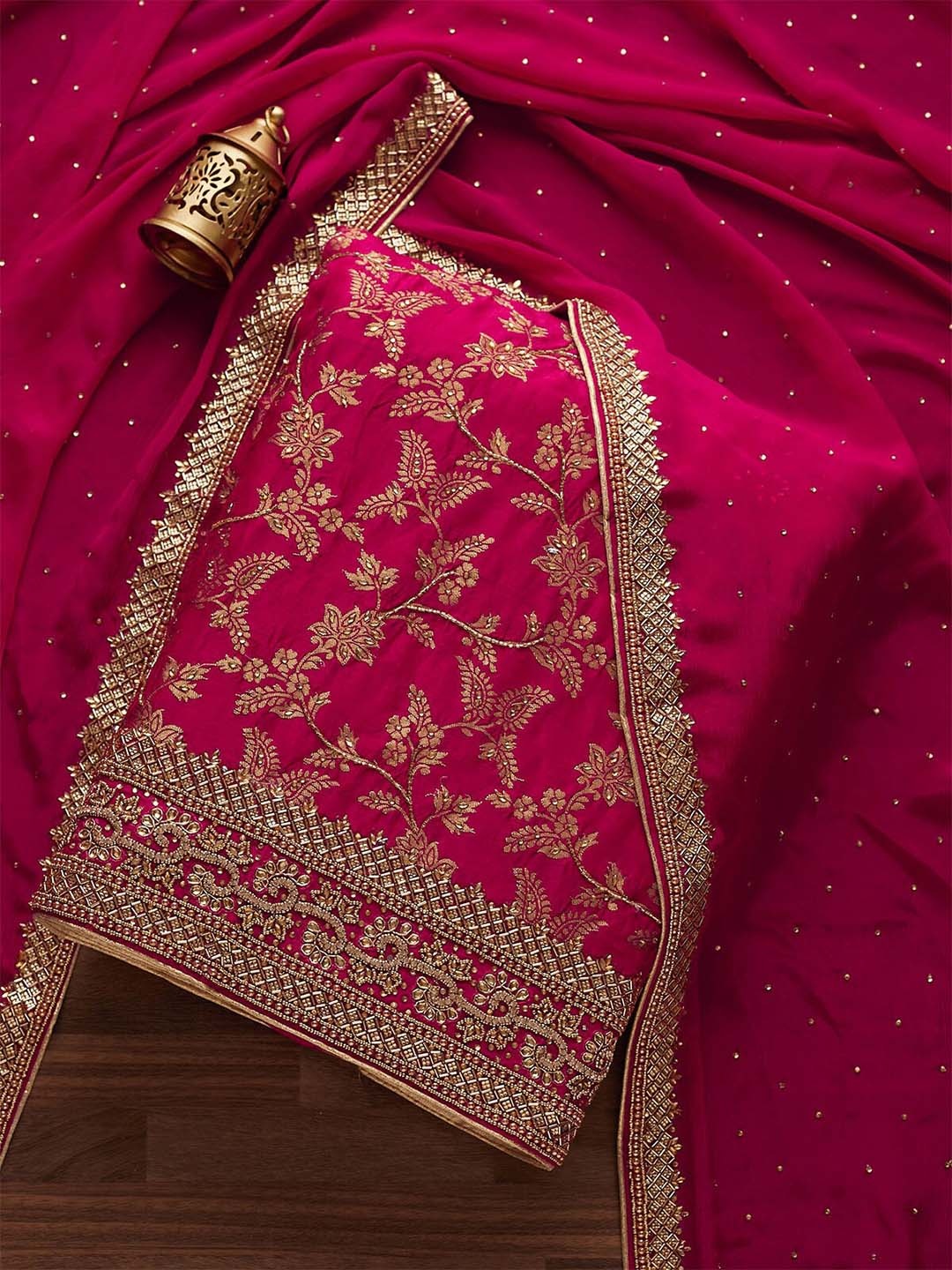 

Koskii Pink & Gold-Toned Embroidered Chanderi Designer Unstitched Dress Material