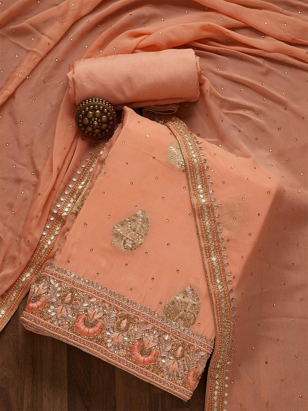 

Koskii Peach-Coloured & Gold-Toned Embroidered Unstitched Dress Material