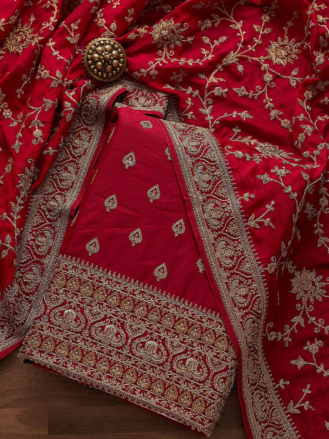 

Koskii Pink & Gold-Toned Embroidered Art Silk Unstitched Dress Material