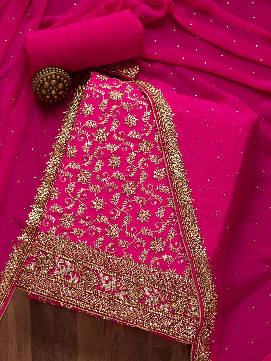 

Koskii Pink & Gold-Toned Embroidered Unstitched Dress Material