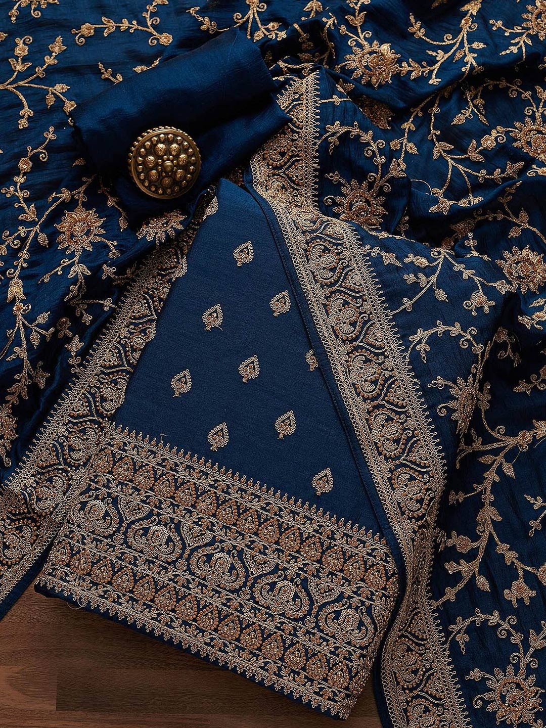

Koskii Women Blue & Gold-Toned Embroidered Art Silk Unstitched Dress Material
