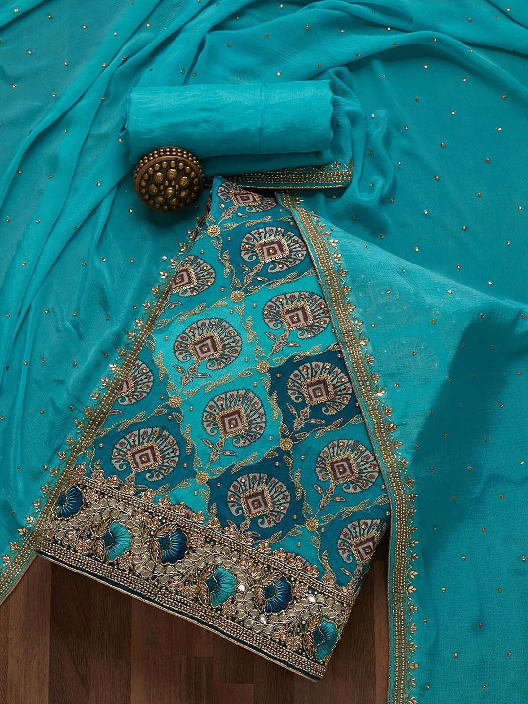 

Koskii Turquoise Blue & Gold-Toned Embroidered Unstitched Dress Material