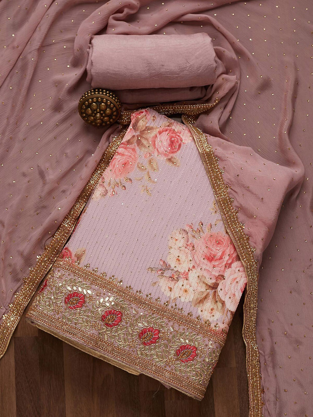

Koskii Pink & Gold-Toned Embroidered Unstitched Dress Material