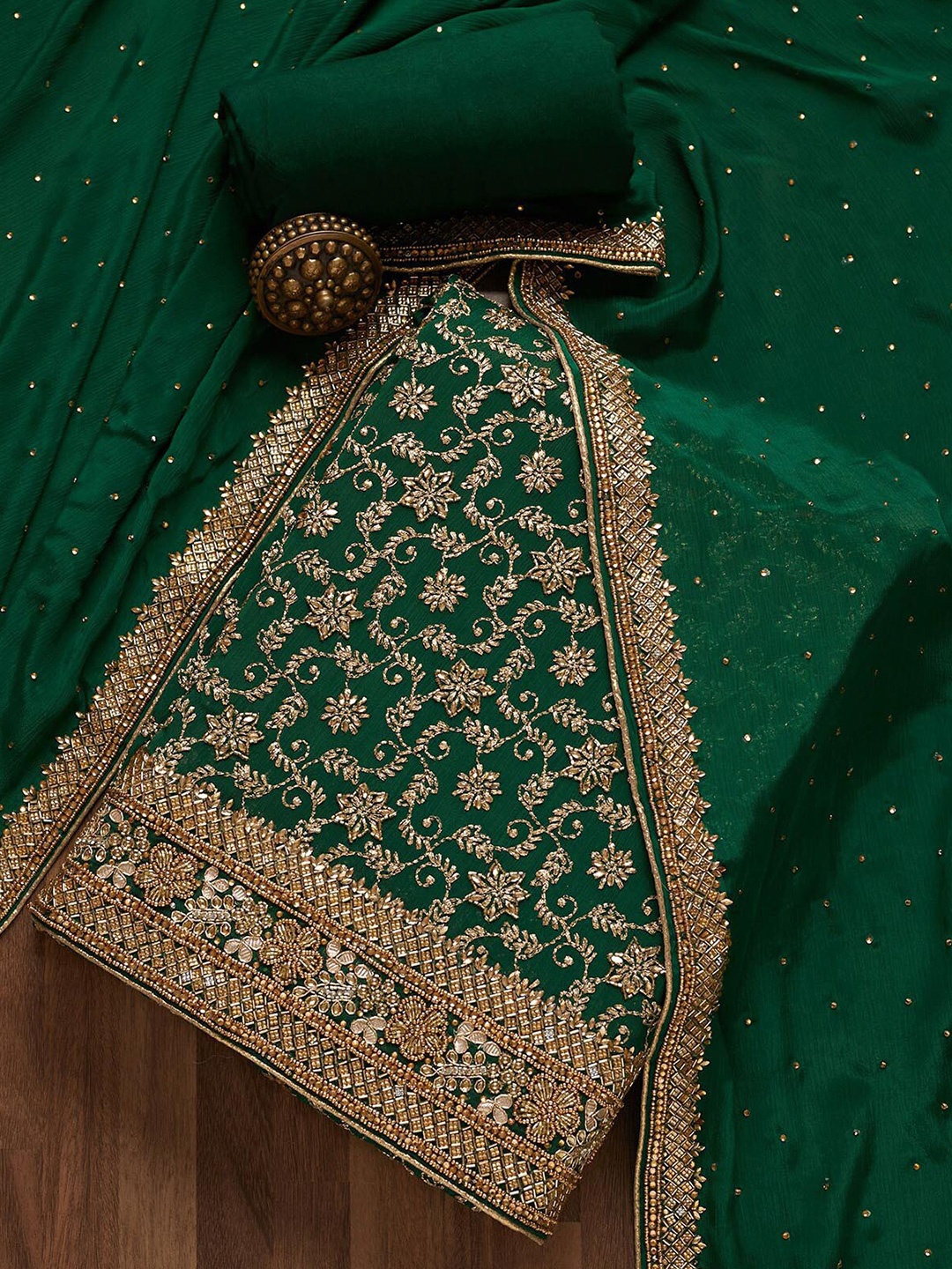 

Koskii Green & Gold-Toned Embroidered Unstitched Dress Material