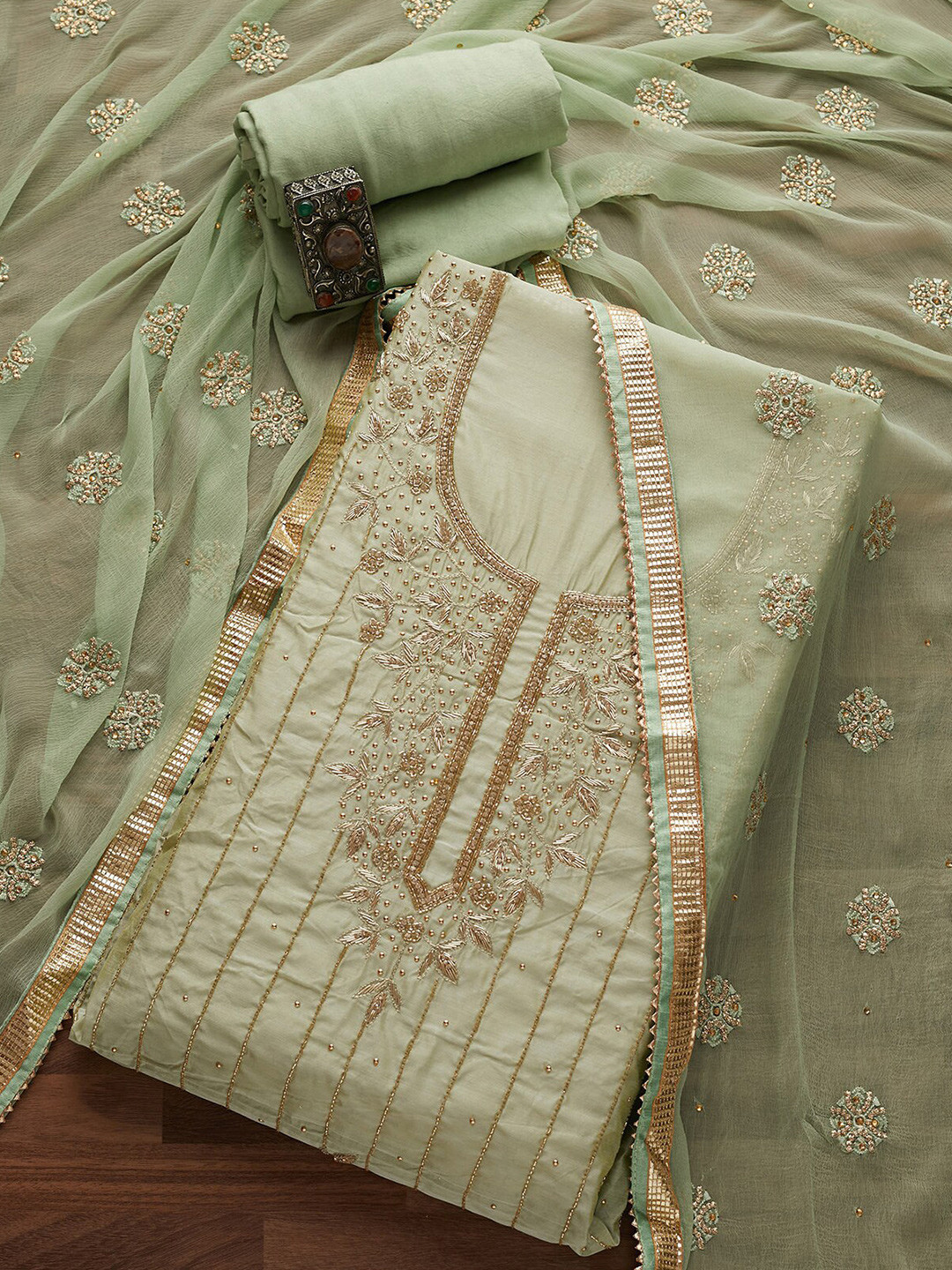 

Koskii Green & Gold-Toned Embellished Unstitched Dress Material