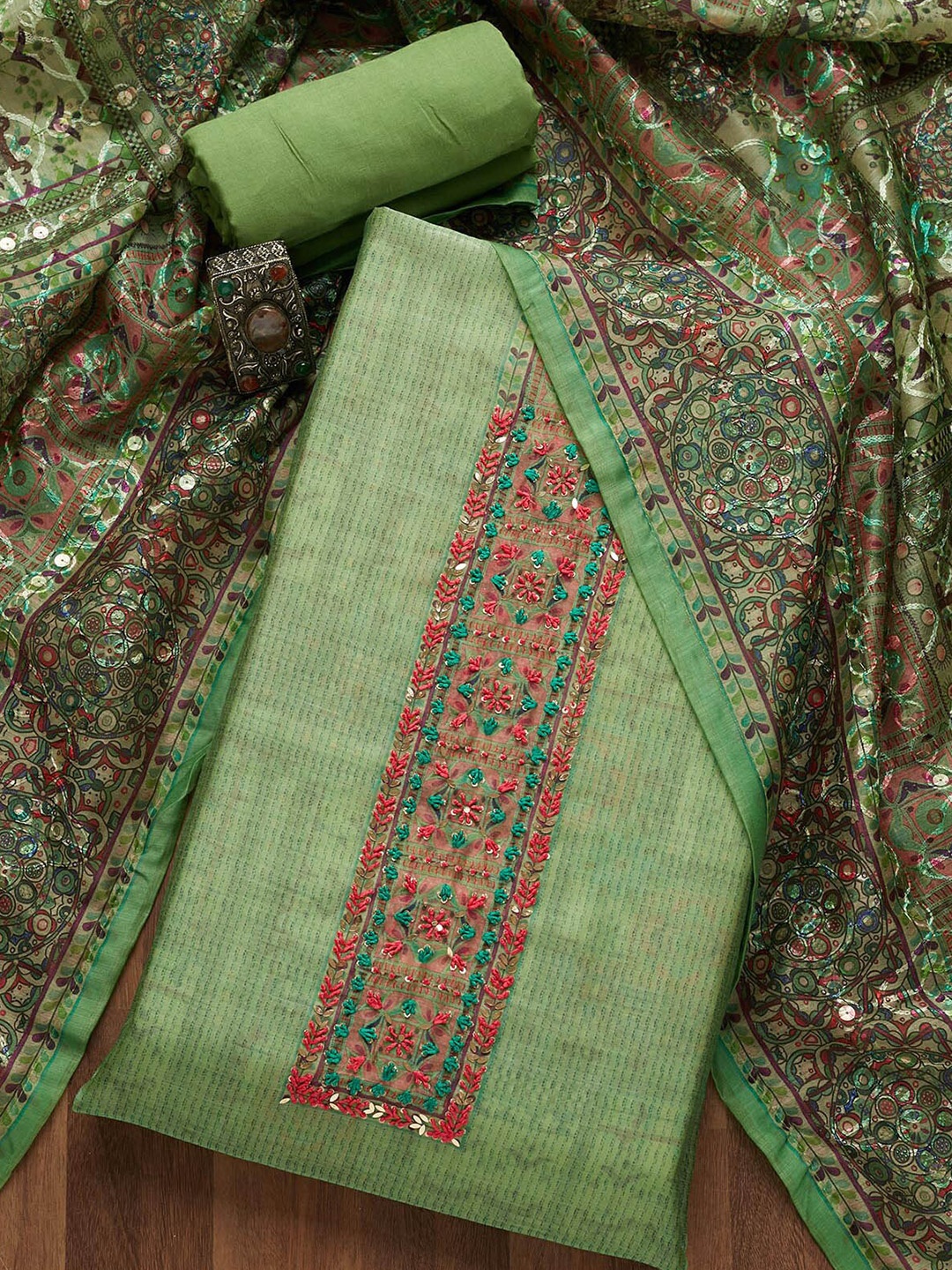 

Koskii Green & Maroon Embroidered Art Silk Unstitched Dress Material