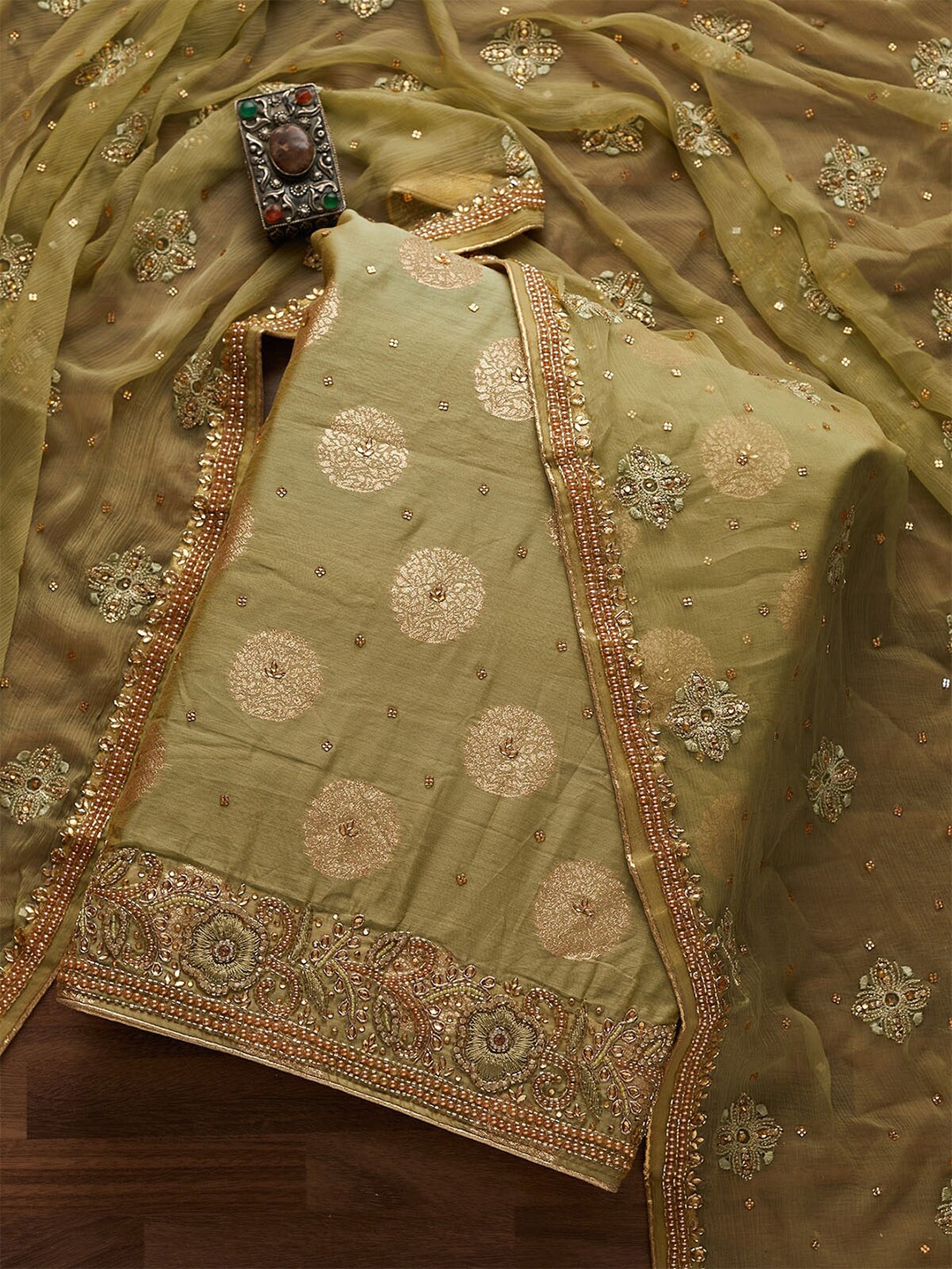 

Koskii Green & Gold-Toned Embroidered Unstitched Dress Material