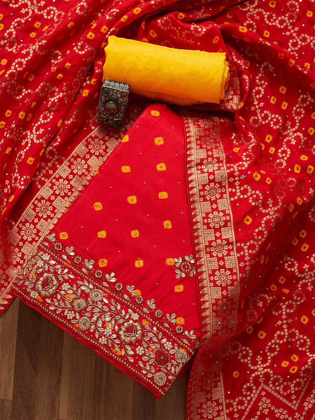 

Koskii Red & Yellow Embroidered Unstitched Dress Material