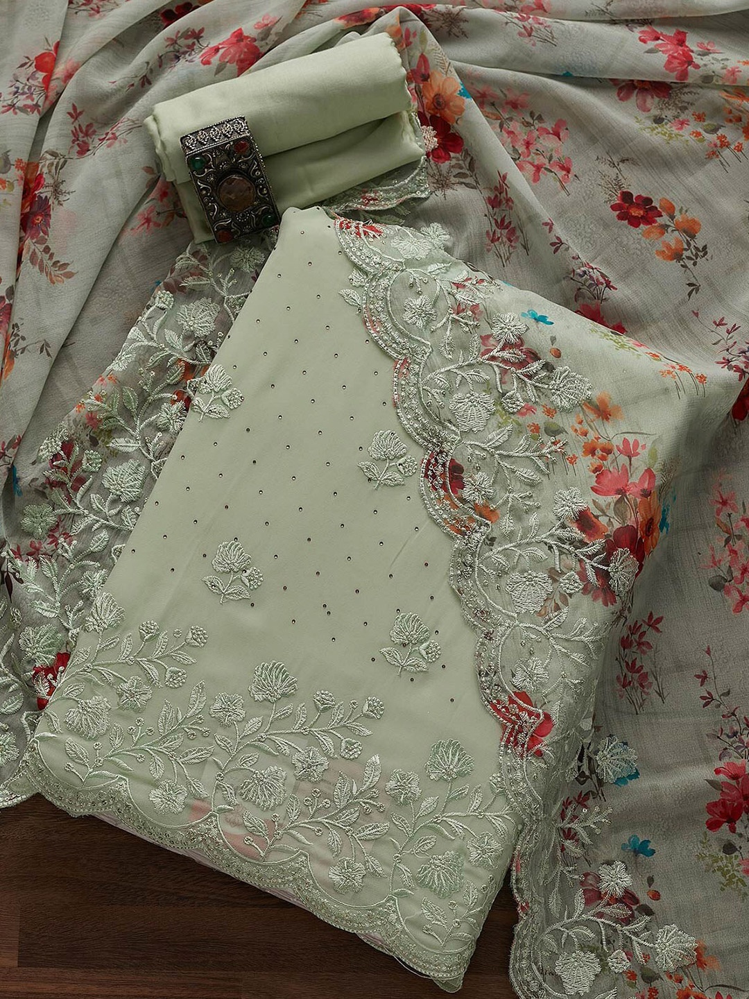 

Koskii Green & Maroon Embroidered Unstitched Dress Material