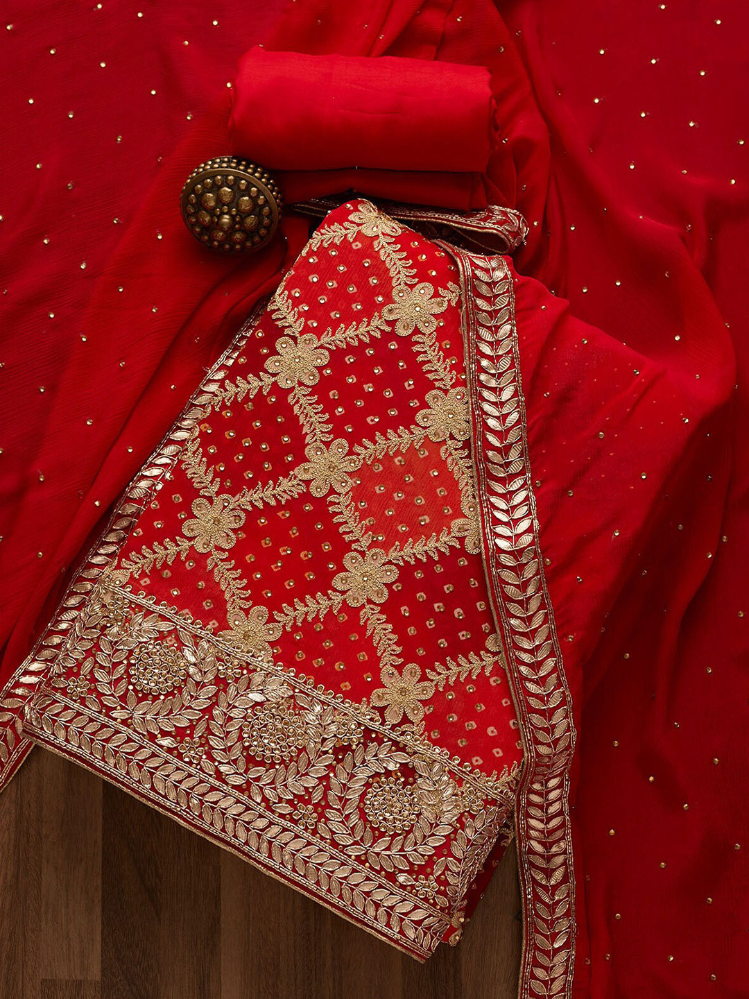 

Koskii Maroon & Gold-Toned Embroidered Unstitched Dress Material