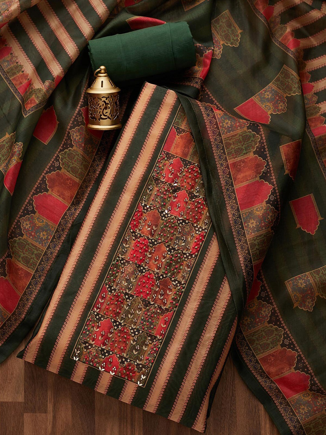 

Koskii Gold-Toned & Red Embroidered Art Silk Unstitched Dress Material