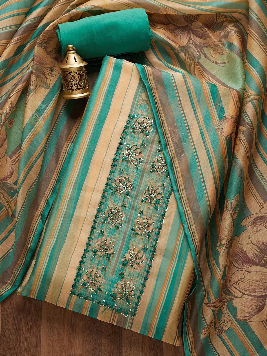 

Koskii Green & Brown Embroidered Art Silk Unstitched Dress Material