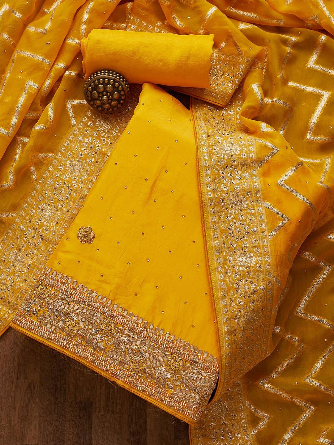 

Koskii Yellow & Gold-Toned Embroidered Unstitched Dress Material