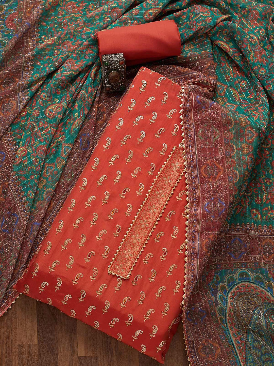 

Koskii Womens Orange & Green Embroidered Unstitched Dress Material
