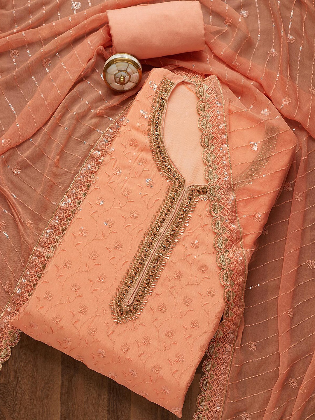 

Koskii Peach-Coloured & Gold-Toned Embroidered Unstitched Dress Material