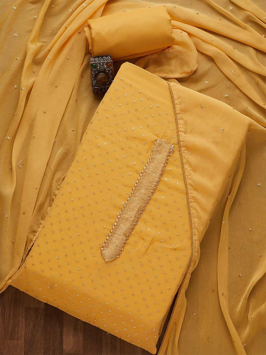 

Koskii Yellow Embroidered Unstitched Dress Material