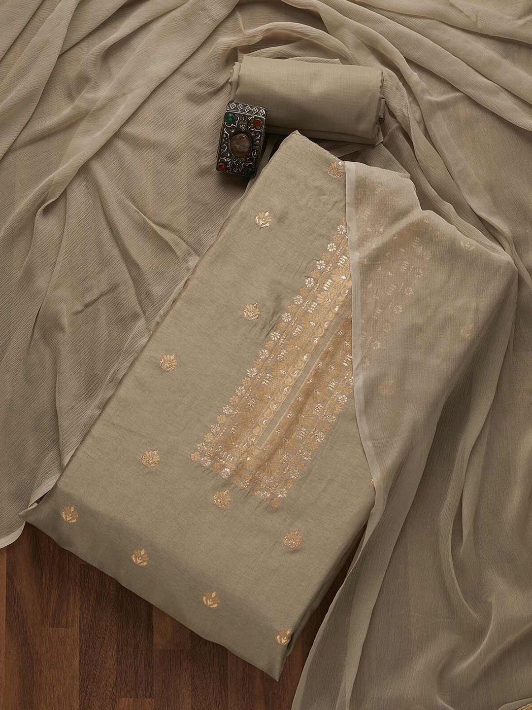 

Koskii Grey & Gold-Toned Embroidered Art Silk Unstitched Dress Material