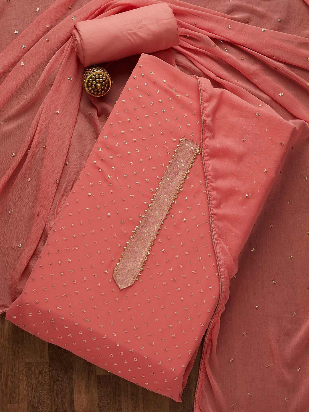 

Koskii Pink & Gold-Toned Embroidered Unstitched Dress Material